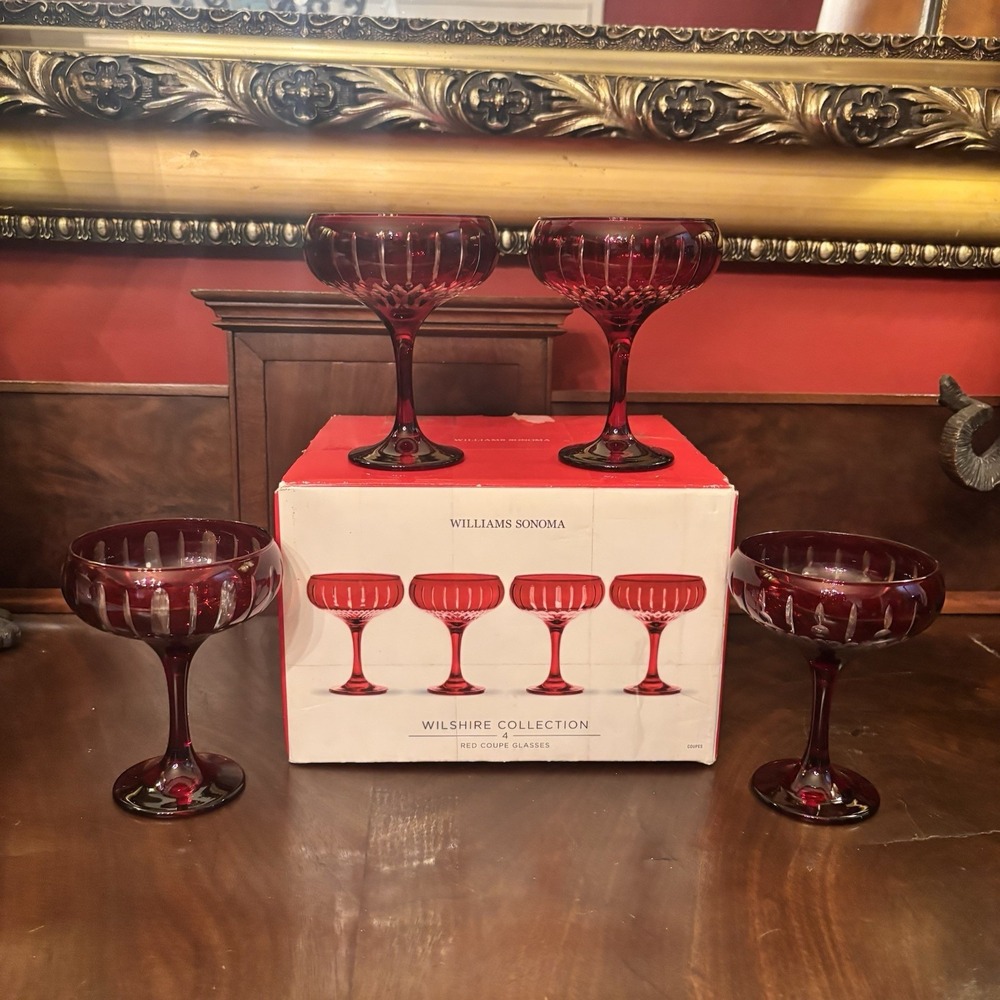 Williams Sonoma Wilshire Red Coupe Glasses Set of 4 Cut Crystal Champagne NIB